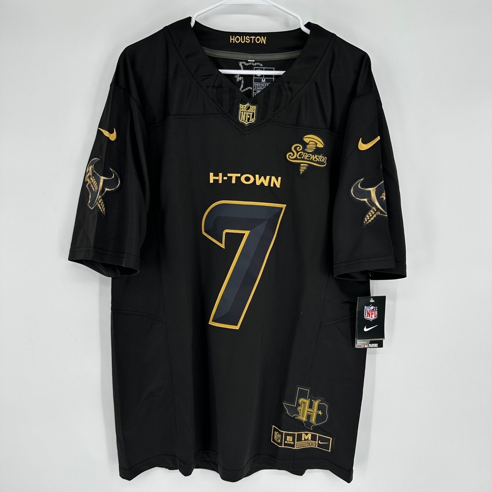 Nike Houston Texans CJ Stroud 7 H-Town Screwston Jersey Black Gold Mens Medium